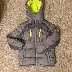 Gray Puffer Jacket with Neon Accents